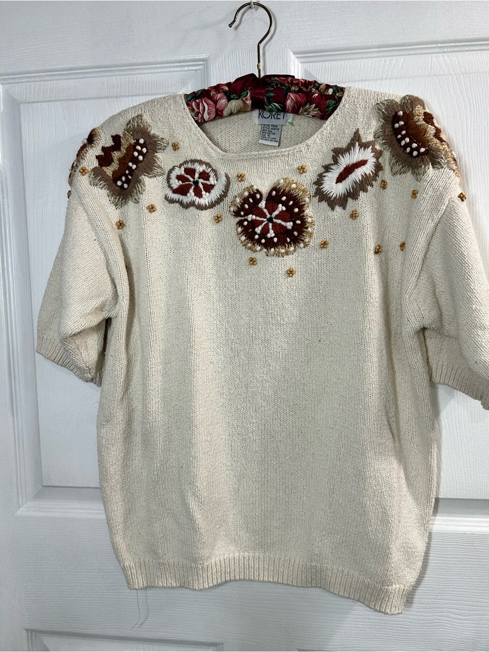 VTG Koret Cream Embroidered Beaded Short Sleeve Sweater Grandmacore M